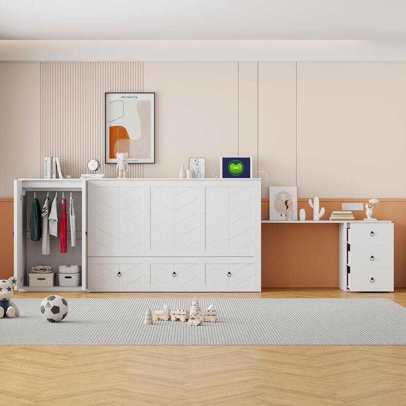 Queen Size Murphy Bed with USB Port, Large Drawer, and Wardrobe/Desk Combo - Versatile Cabinet Bed