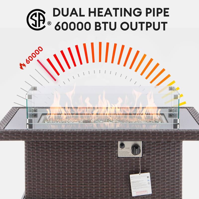 FINCATI 43" Outdoor 60,000 BTU Propane Fire Pit Table, Elegant Natural Gas Wicker Fire Pit, Patio Rectangular Fireplace