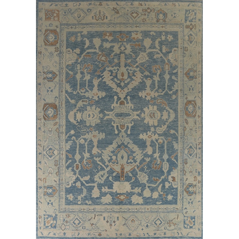 Hand Knotted Oriental 100% Wool Carpet Transitional All-Over Navy Blue & Blues Oushak Area Rug - 12' 5'' X 9' 9''
