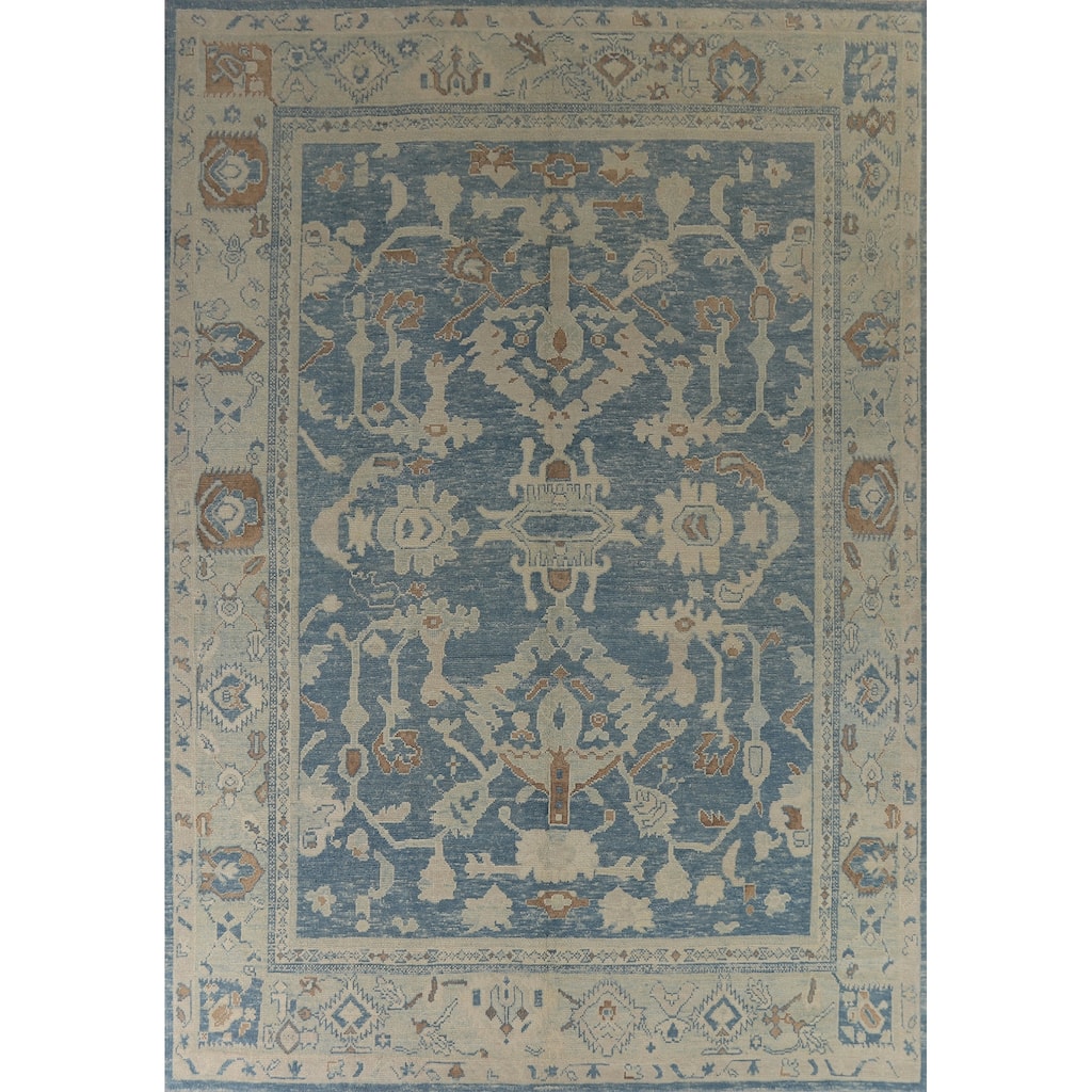 Hand Knotted Oriental 100% Wool Carpet Transitional All-Over Navy Blue & Blues Oushak Area Rug - 12' 5'' X 9' 9''