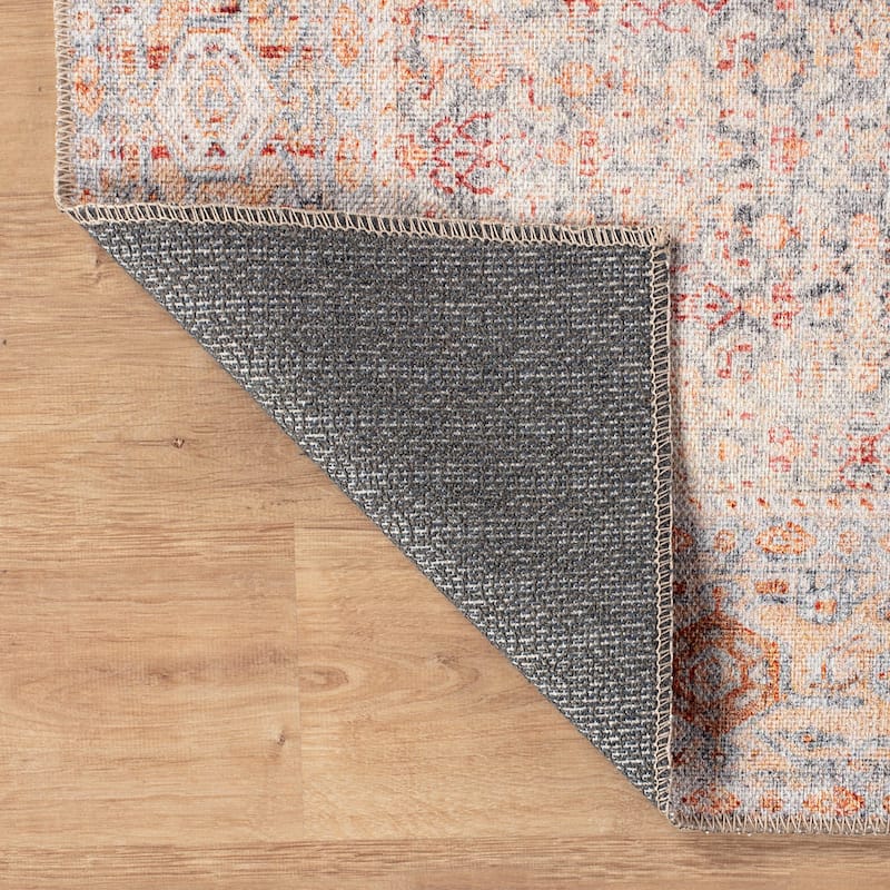 Terracotta Floral Washable Rug - Allover Pattern, Flat Pile