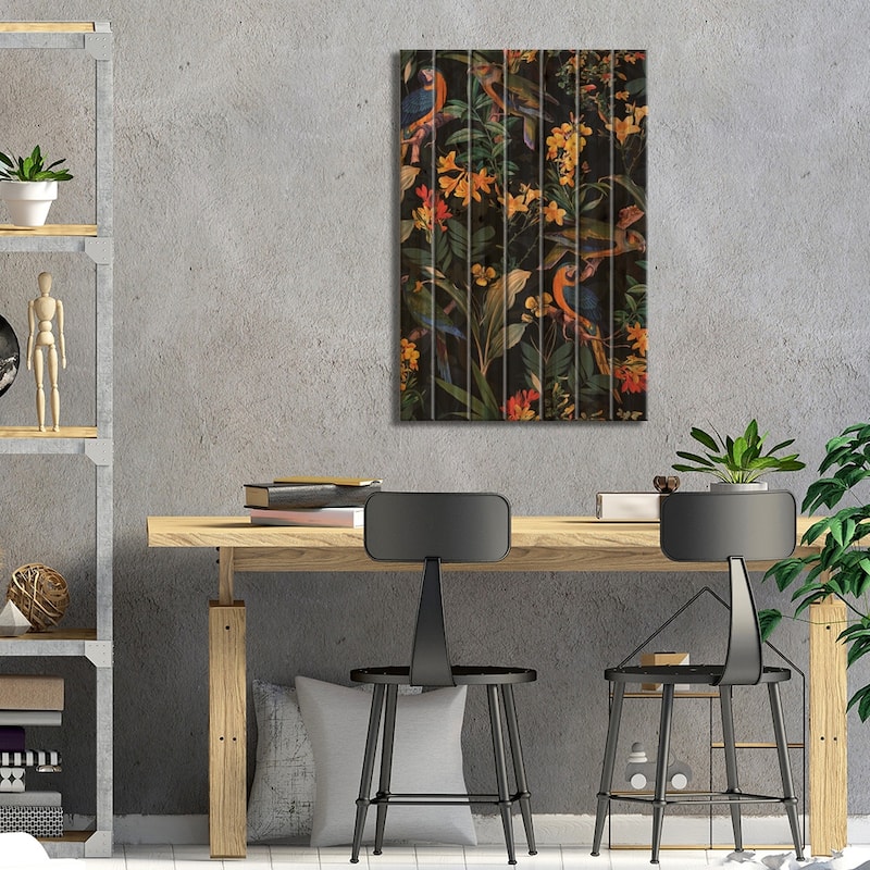 Colorful Parrots Midnight Jungle Print On Wood by UtArt - Multi-Color