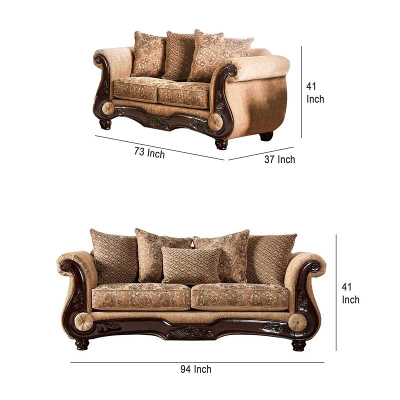 Nican 2pc Sofa Loveseat Set, Tan Gold Faux Leather, 8 Accent Pillows