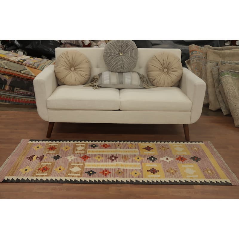 Hand Woven Oriental 100% Wool Carpet Southwestern Tribal Pink Kilim Runner Rug - 6' 3'' X 2' 5''