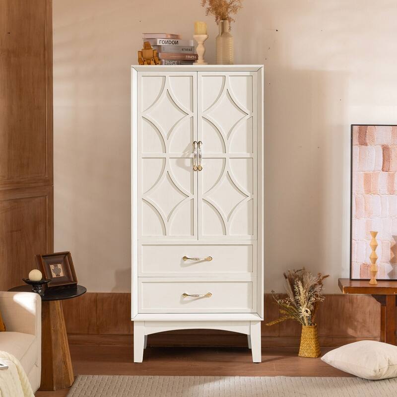 Mid Century Modern 53.5" Tall Kitchen Pantry Storage Cabinet with Doors and Drawers for Entryway Living Room Kitchen Garage - White