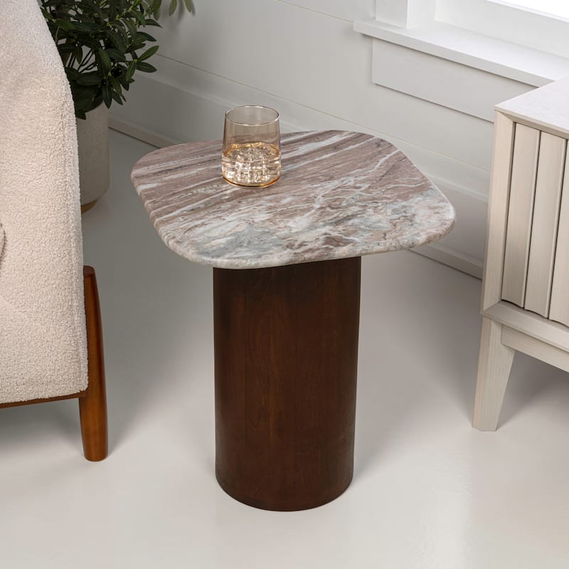 Kaito 18" Round Marble/Wood Accent Table - 15.75L x 15.75W x 18H - White Marble Walnut (square)