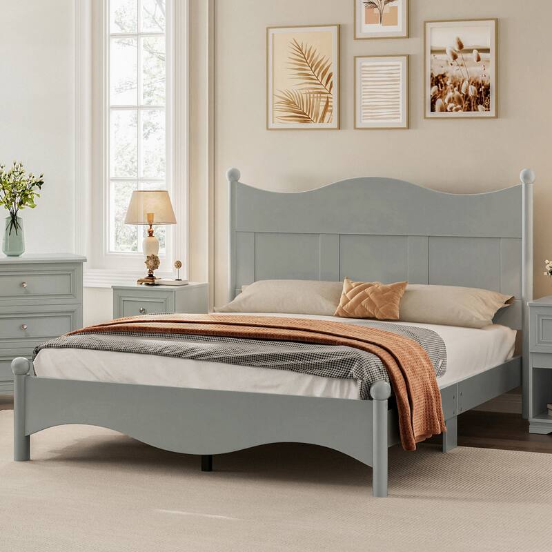 Elegant Design Wood Platform Bed Frame with Headboard, Queen Size Platform Bed with Wooden Slat Support, No Box Spring Needed - Gray - Queen