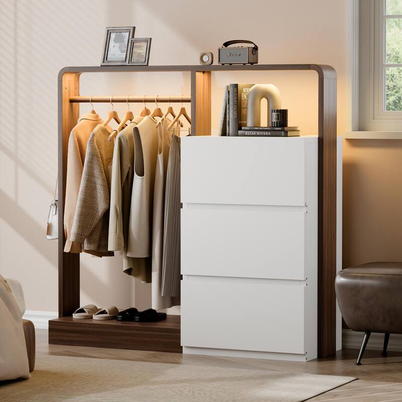 Dresser for Bedroom with Hanging Closet, 3 Drawers Dresser with LED Lights & Charging Station