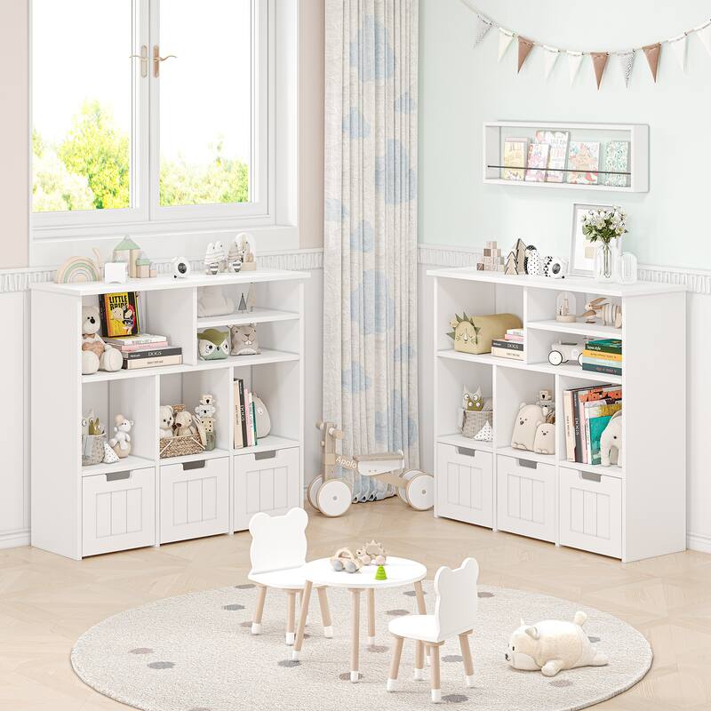 Toy Storage Organizerwith Hidden Wheels, Kids Bookshelf Floor Toy Storage Cabinet, 3 Movable Drawers