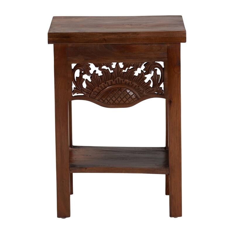 Alexandra Handcarved Mahogany Wood Nightstand - Decorative Accent Table with Lower Shelf, Traditional Artisan Furniture