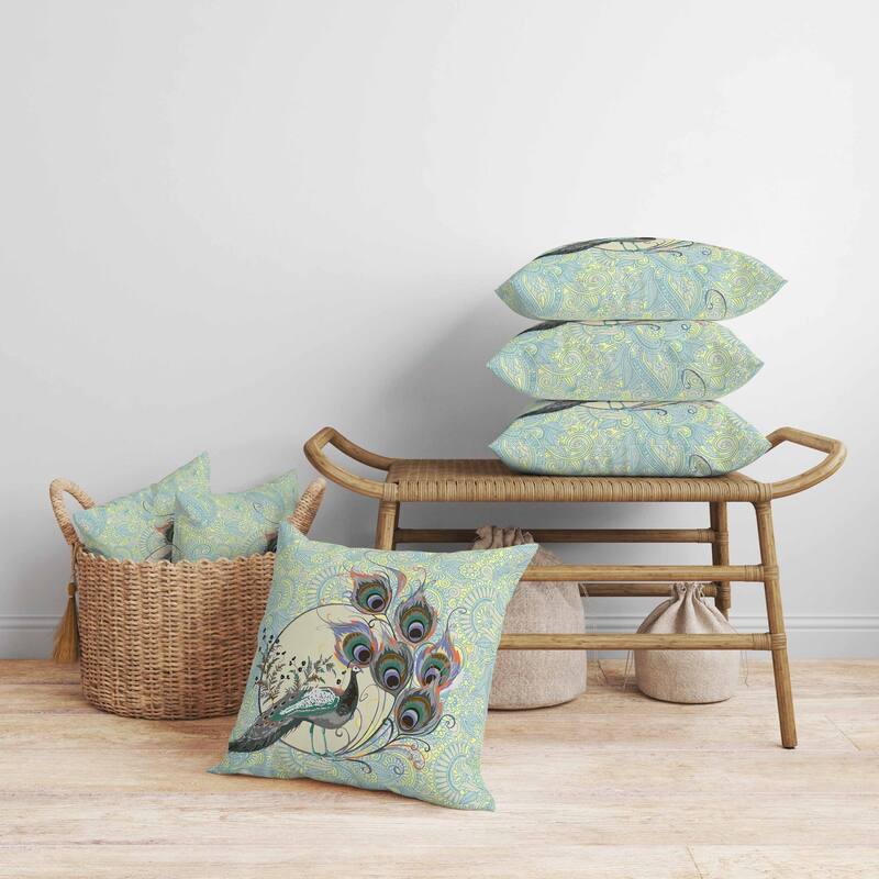 Paisley Peacock Dreams Faux Suede Reversible Throw Pillow Skyblue and Yellow