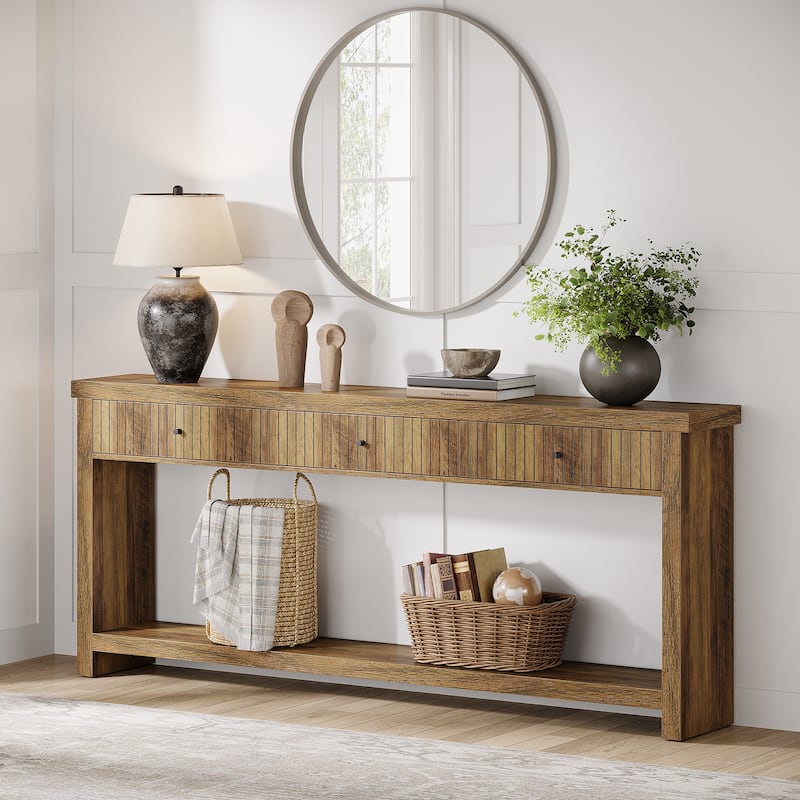 Industrial Wood Console Sofa Table with 3 Drawers for Entryway