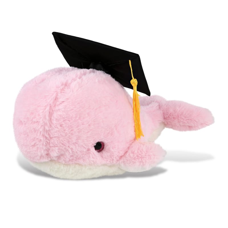 DolliBu Pink Whale Large Graduation Plush with Cap with Tassel Outfit - 13 inches
