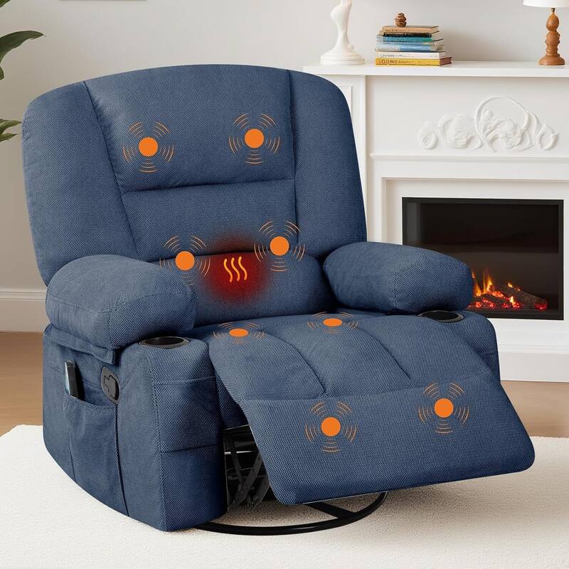 360° Swivel Massage and Heating Rocker Recliner Chairs for Living Room, Bedroom - Blue