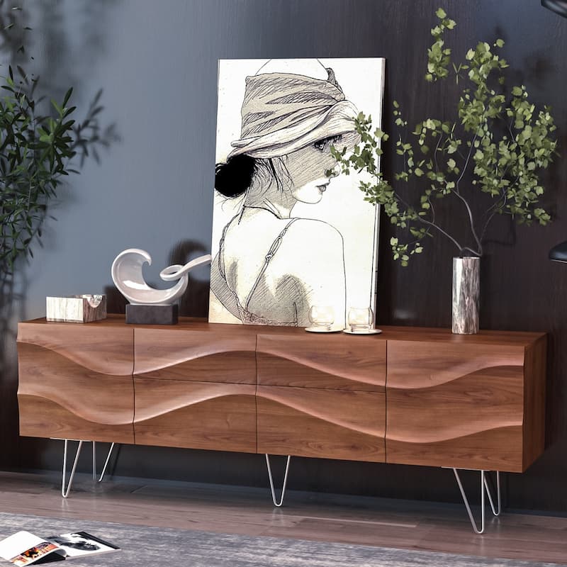 Modern Solid Wood TV Stand, Mid-Century TV Bench with Drawers, Cabinets, Tall-Cast Legs, Ash