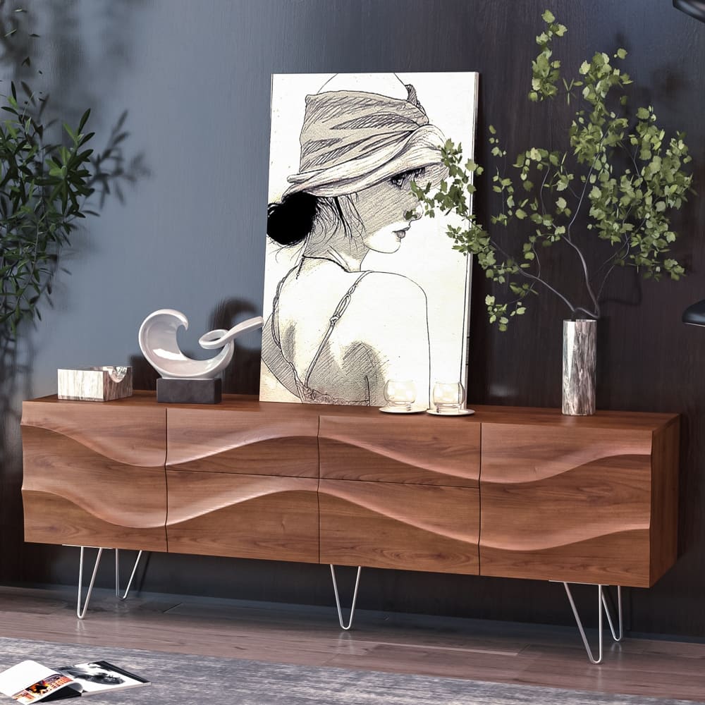 Modern Solid Wood TV Stand, Mid-Century TV Bench with Drawers, Cabinets, Tall-Cast Legs, Ash