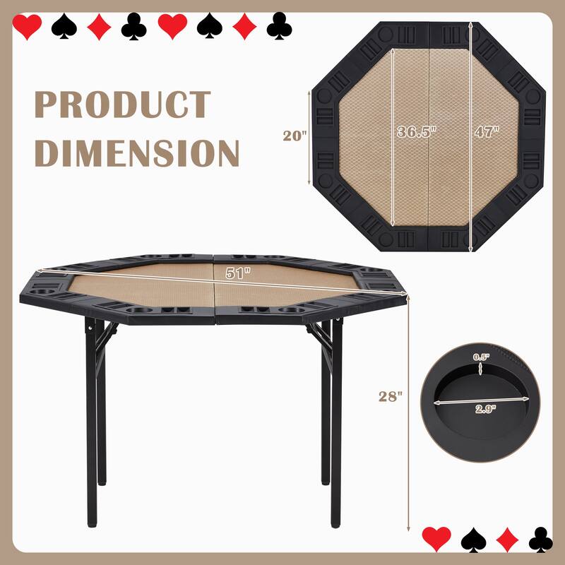 EROMMY 8 Player Foldable Poker Table, Portable Folding Game Table with Cup Holders and Chip Trays for Home Parties