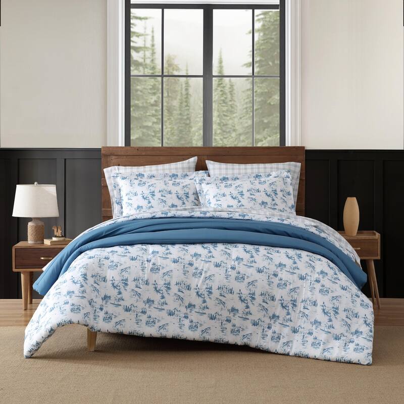 Eddie Bauer Fish Town Toile Reversible Lightweight Coastal Comforter Set (Blue)