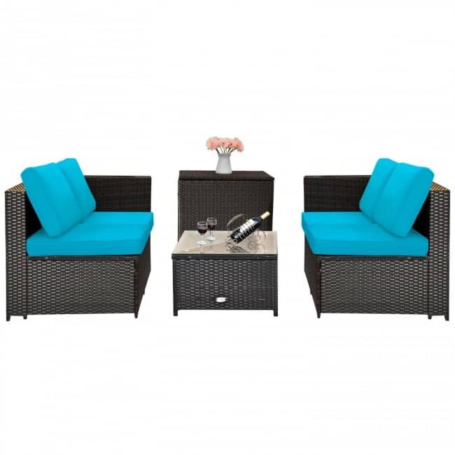 4 Pieces Outdoor Patio Rattan Furniture Set with Cushioned Loveseat and Storage Box - 47.5" x 26" x 26" (L x W x H)