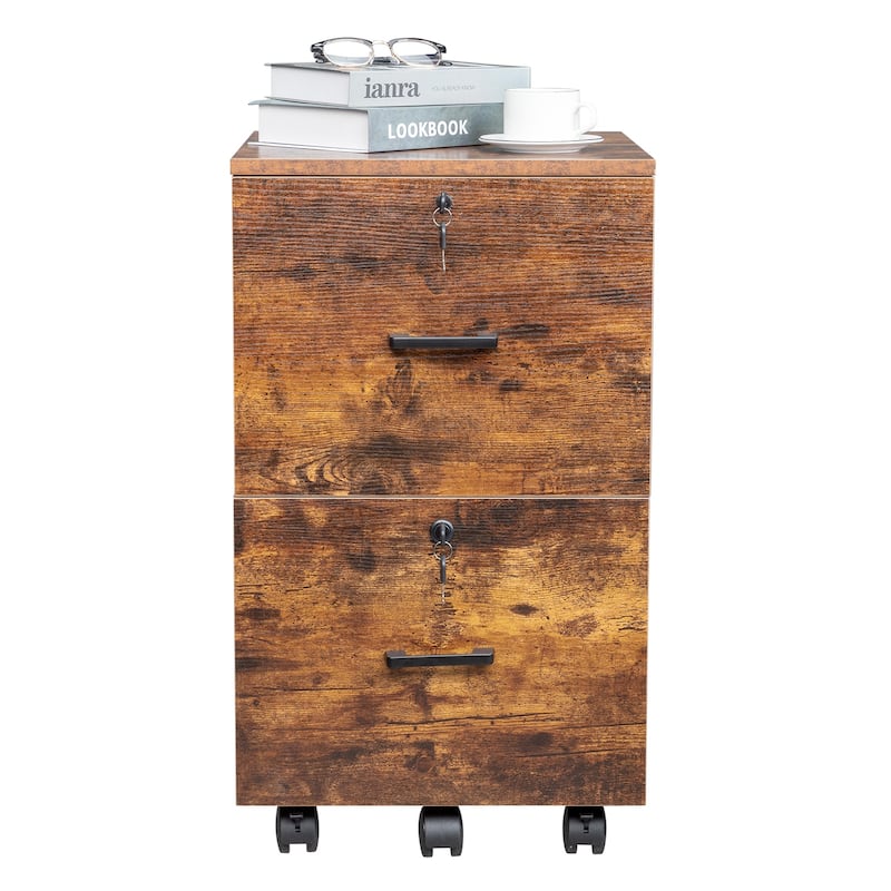Brown and Black 2-Drawer Rolling Wood File Cabinet with Lockable Wheels for Office Storage