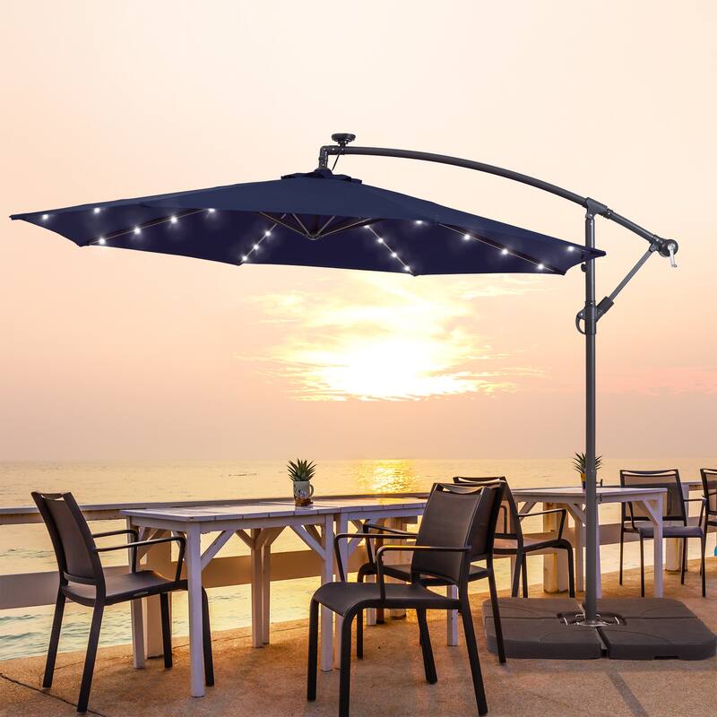 LIVOOSUN 10ft LED Patio Offset Umbrella With Cross Base - Navy Blue
