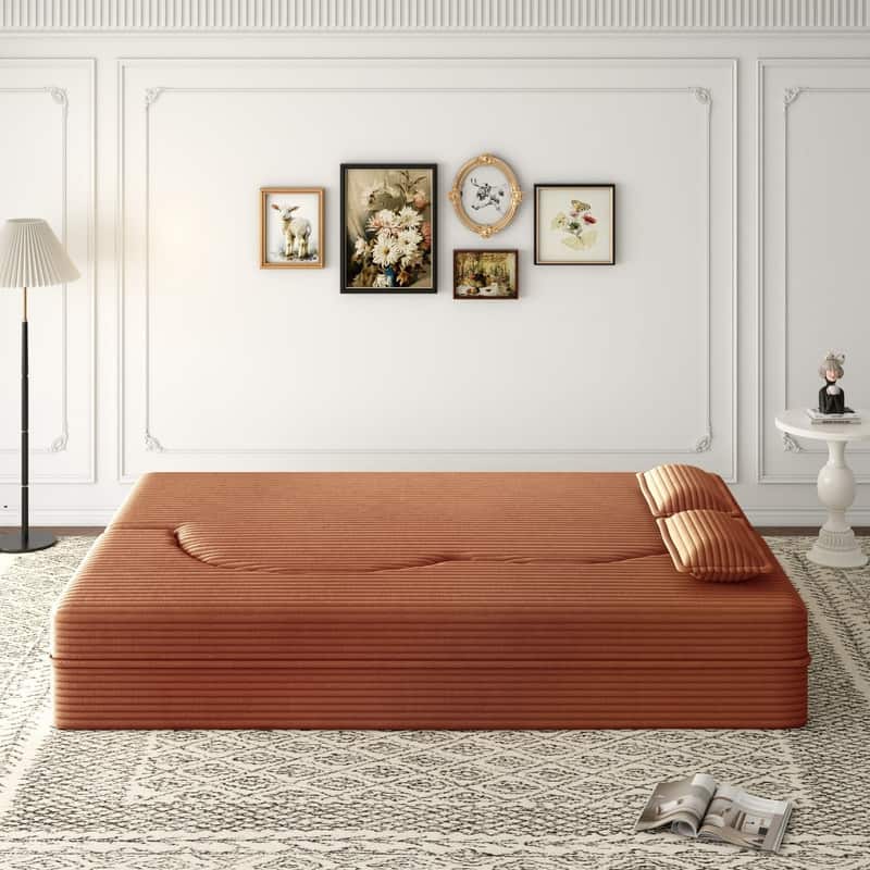 Modern 78" Full Size Convertible Corduroy Foam-Filled Sleeper Sofa,Modern Floor Sofa with 2 Pillows