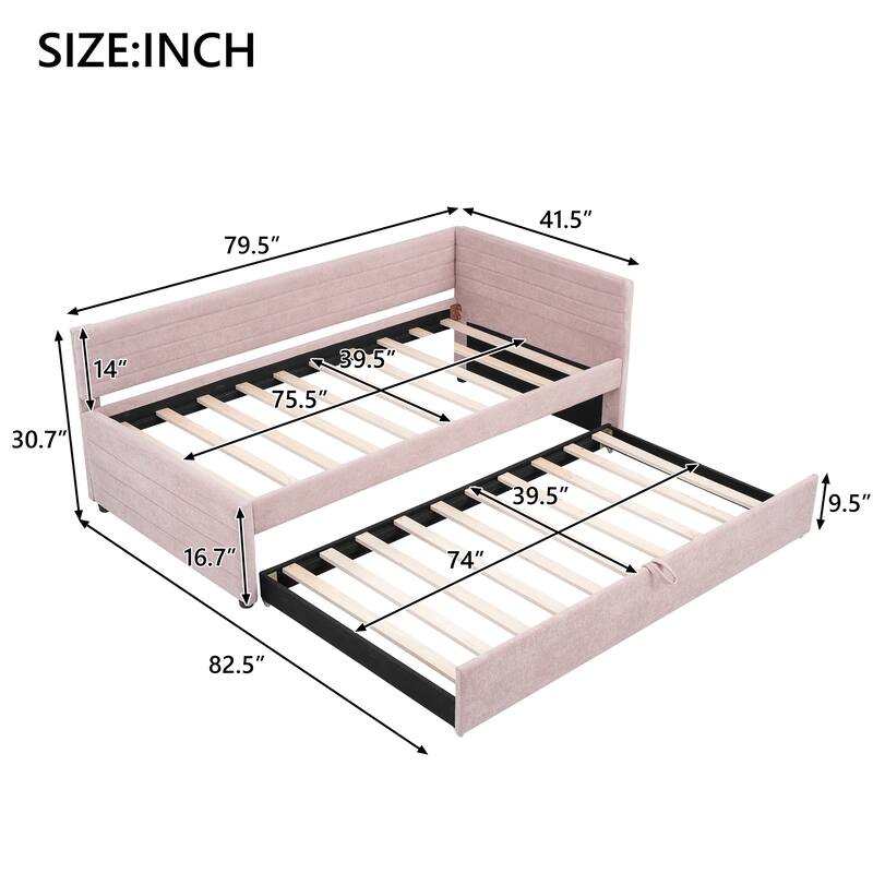 Twin Size Upholstered Daybed with Roll-Out Trundle, Space-Saving Wooden Frame, No Box Spring Needed