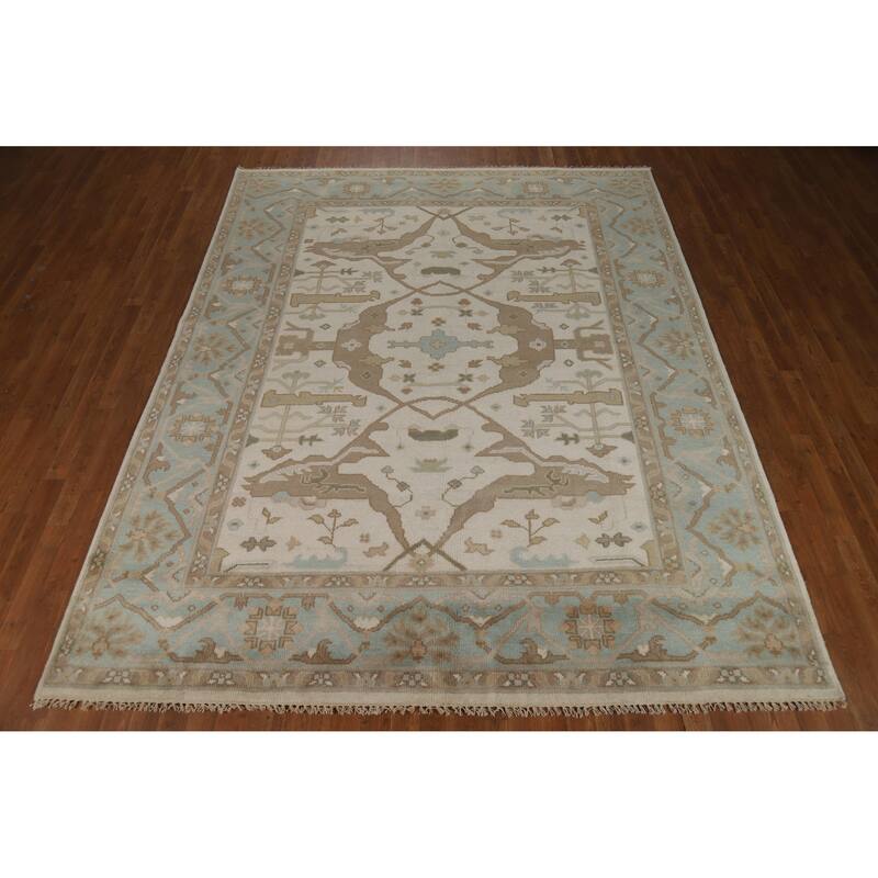 Transitional Oushak Indian Area Rug Hand-Knotted Wool Carpet - 7'10" x 9'10"