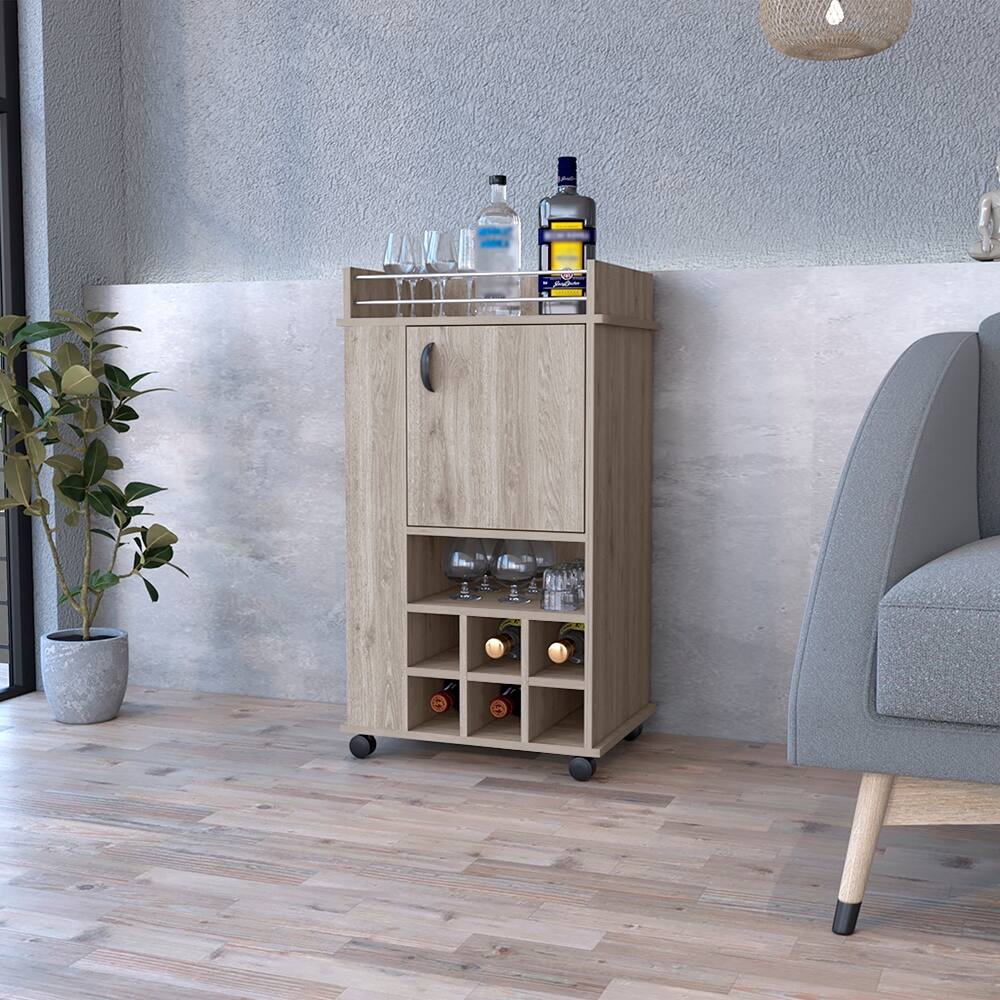 Bar Cart w/ 6 Wine Cubbies & Single Door Storage, Gray Cocktails Table w/ Casters and Open