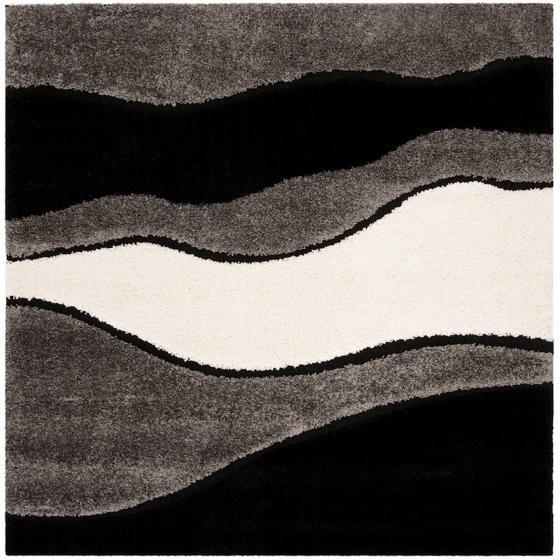 SAFAVIEH Florida Shag Cirilla Abstract Wave 1.2-inch Thick Rug - 6'7" x 6'7" Square - Grey/Black