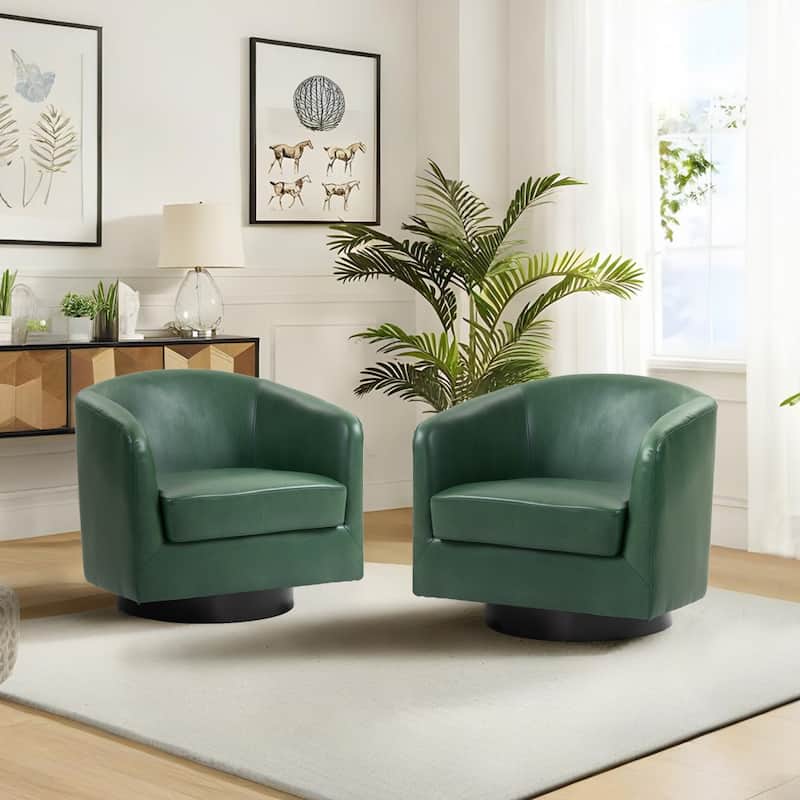 Modern Upholstered Swivel Barrel Club Arm Accent Chair for Living Room - 2 Set - Green-Faux Leather