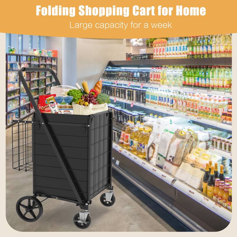 Foldable Grocery Shopping Cart w/ Brake & Double Basket and 360 Rolling Swivel Wheels