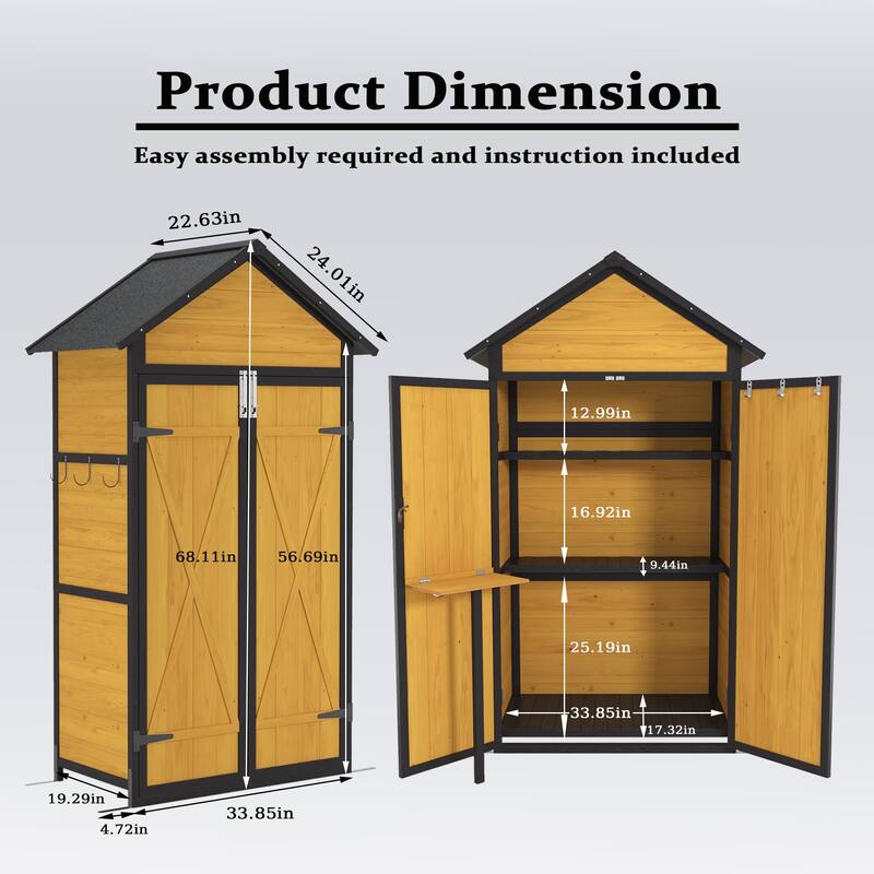 Wood Storage Cabinet Shed with Foldable Table & Removable Shelves Garden Tool Shed, Hooks, Lockable Doors