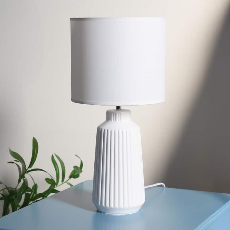 Textured Ceramic Table Lamp with Fabric Drum Shade Modern Faceted Base Compact Accent Lighting Multiple Colors