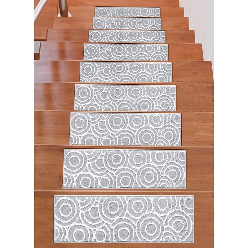 Beverly Rug Indoor Non Slip Carpet Stair Treads w/ Installed Tape 9"x28" Circles Grey / Ivory