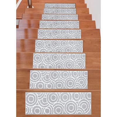 Beverly Rug Indoor Non Slip Carpet Stair Treads w/ Installed Tape 9"x28" Circles Grey / Ivory