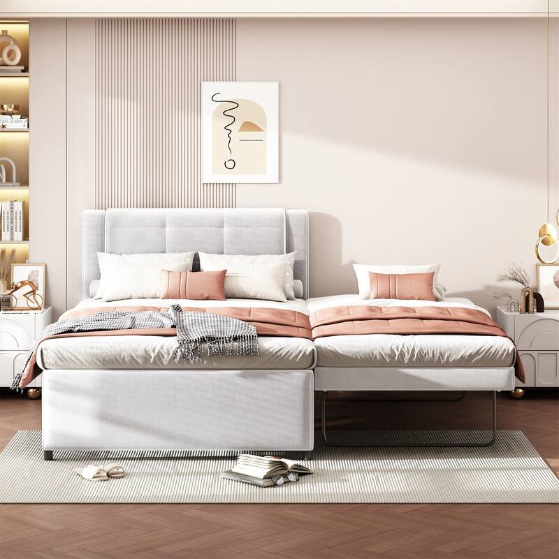 Full Size Upholstered Platform Bed with Multifunctional Trundle, Trundle Can Be Flat or Elevated, No Box Spring Required