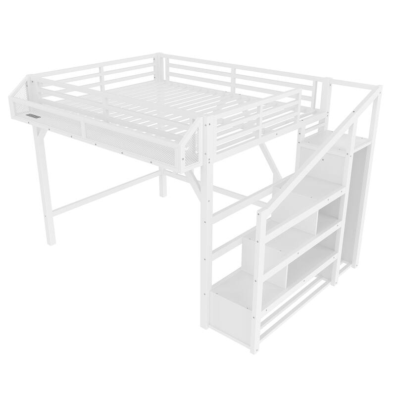 Roomfitters Metal Loft Bed with Wardrobe and Storage Stairs, LED Lights and USB