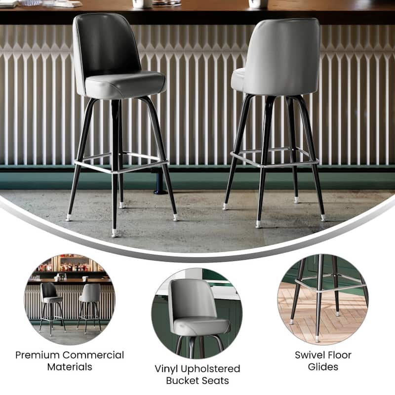 2 Pack Metal Barstool with Swivel Vinyl Upholstered Bucket Seat and Footrest - 18.5"D x 18.5"W x 42.5"H