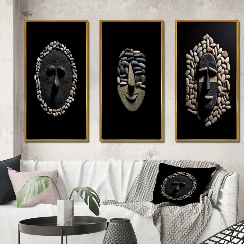 Designart "Black And White African Tribal Mask IV" African Framed Wall Art Set Of 3 Frame Gallery Set For Office Decor