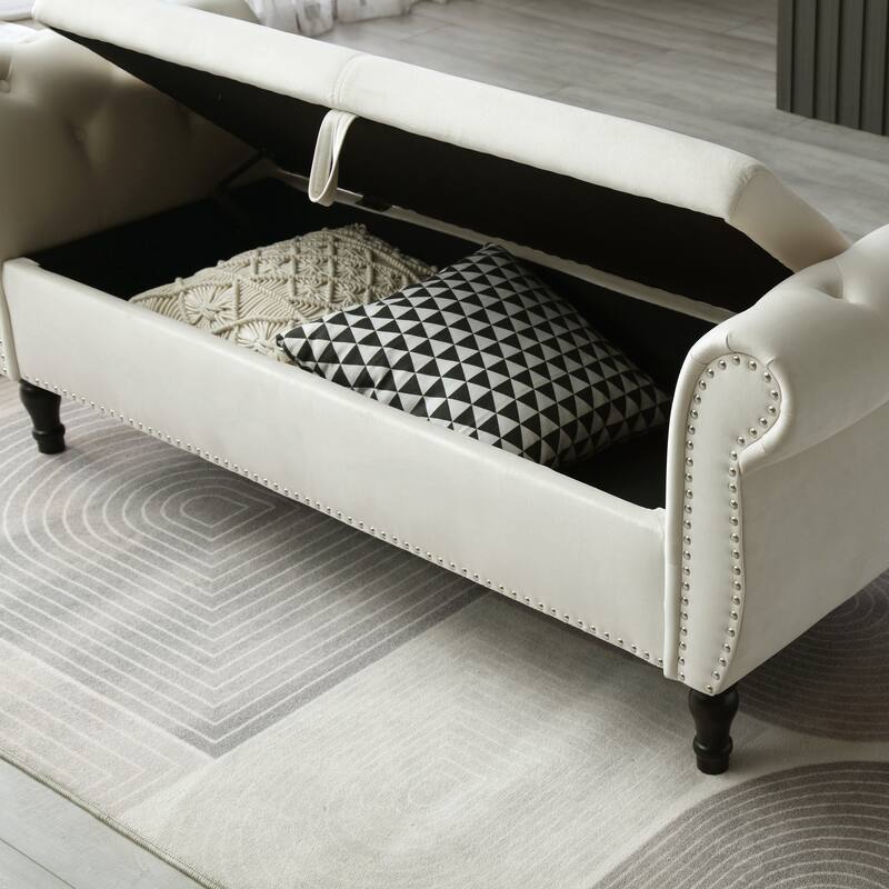 Elegant Beige Velvet Nailhead Trim Storage Ottoman Bench