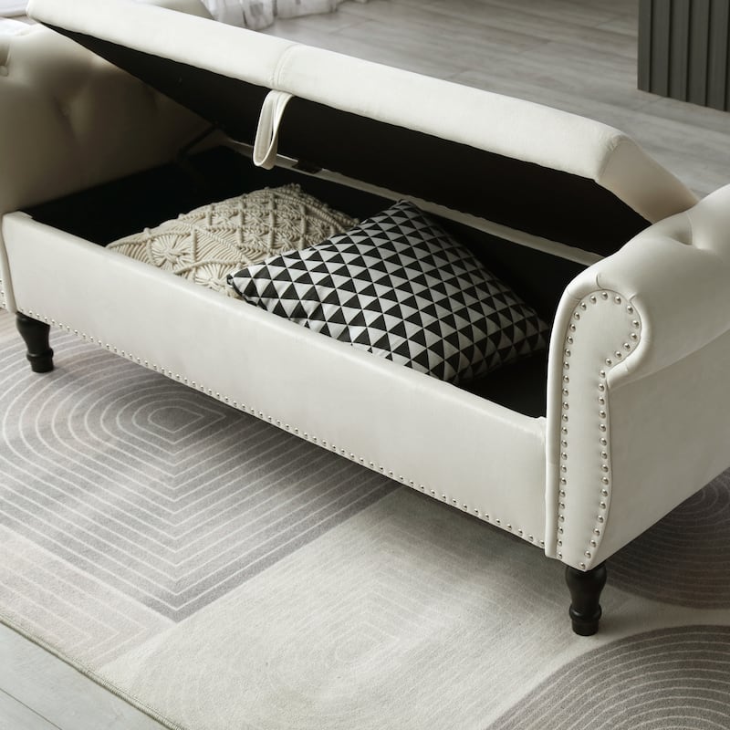 Window Stool Fireplace Bench with Safety Hinges, Upholstered Flap Storage Bench, Footrest Bench with One Pillow