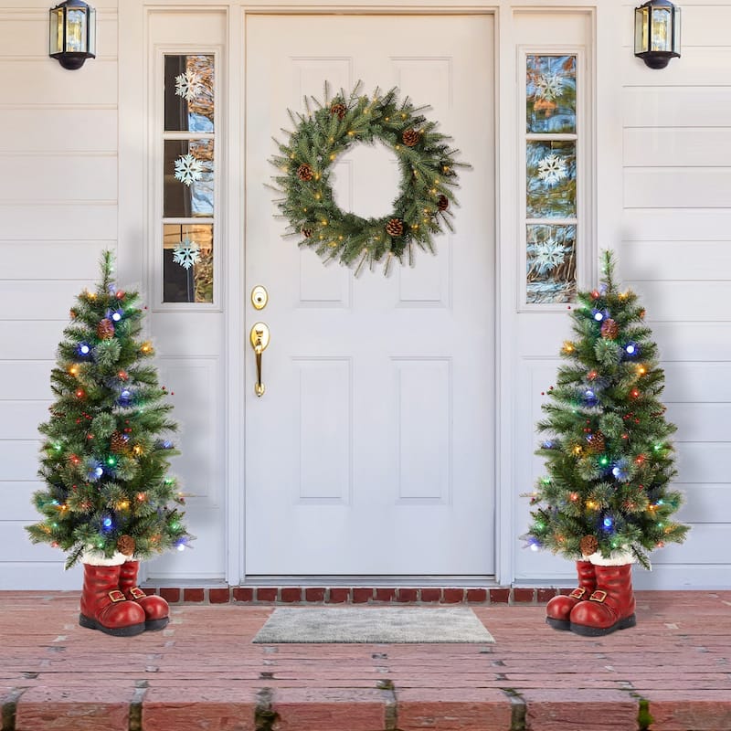 Glitzhome 4.5ft Christmas Santa Boots Porch Tree with 75 Warm White/Multi-color LED Lights