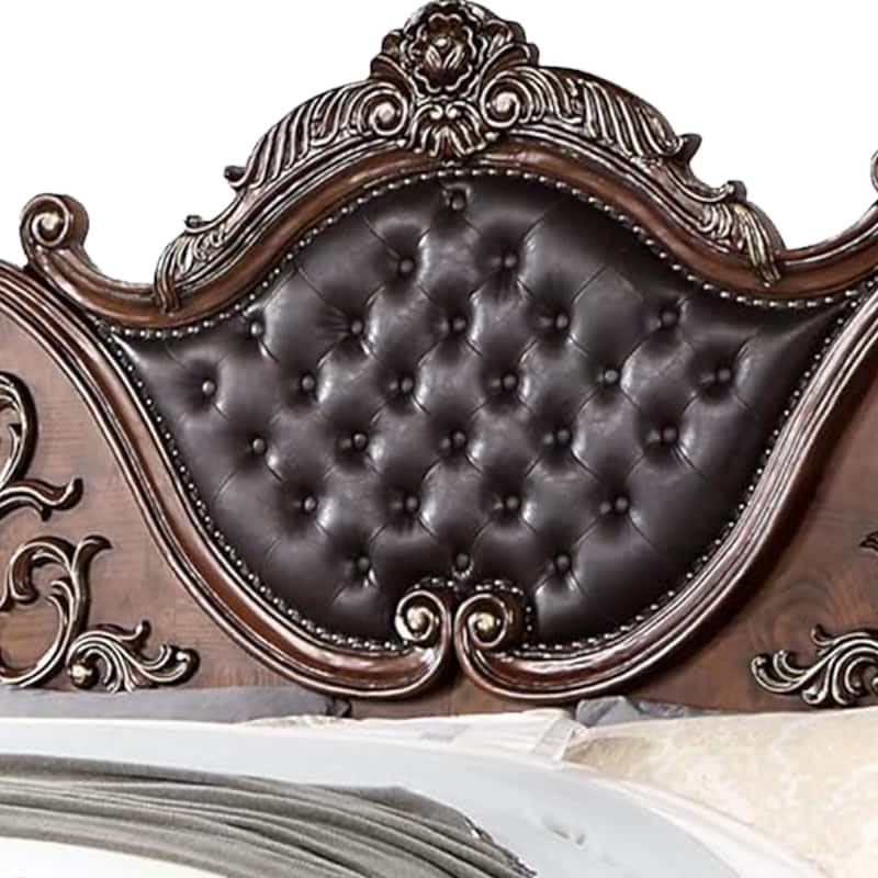 Prio Queen Bed with Carved Details, Brown Button Tufted Faux Leather