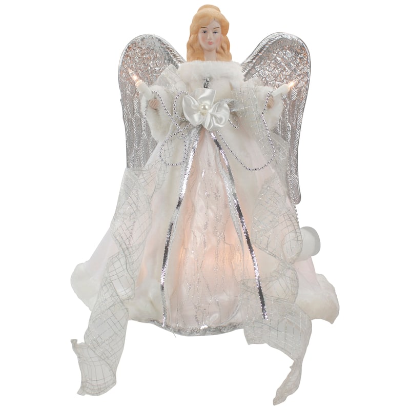 12" Silver White Angel Wings Christmas Tree Topper Clear Lights