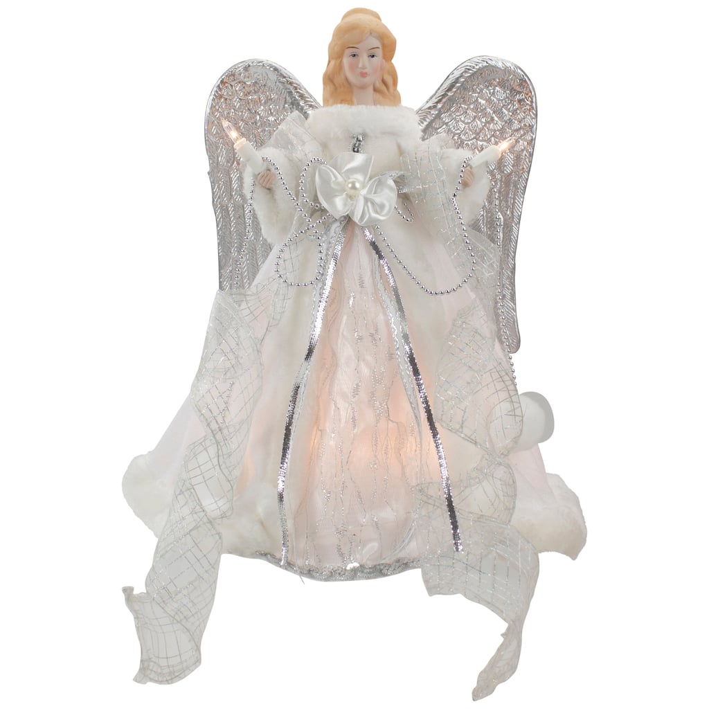 12" Silver White Angel Wings Christmas Tree Topper Clear Lights
