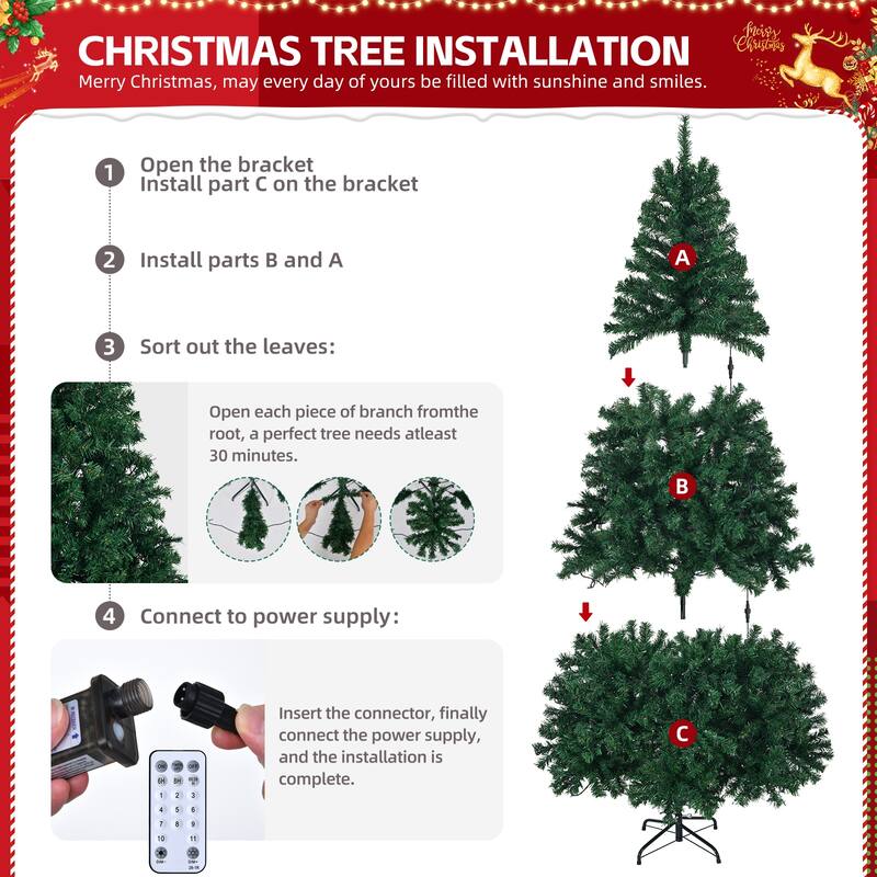 6 FT Artificial Christmas Tree with 1000 PVC Branch Tips and 350 LED Lights Remote Control - 6 Feet