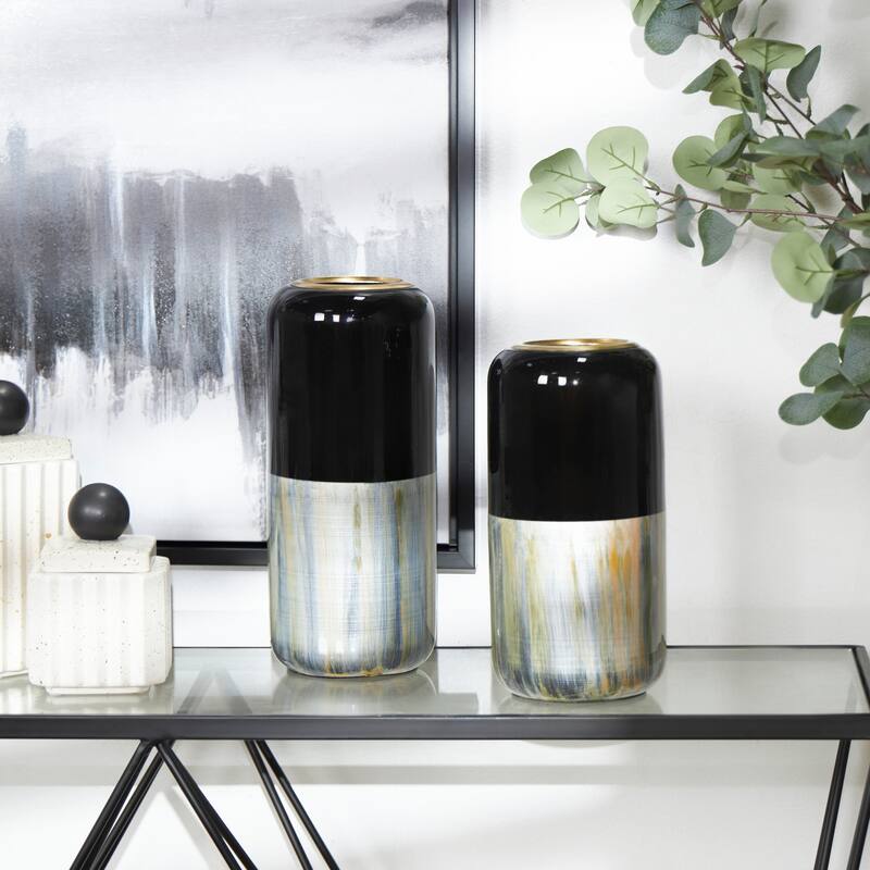 Silver Metal Colorblock Abstract Decorative Vase with Paint Streak Designs and Gold Accents (Set of 2) - 13, 11"H - 13, 11"H - Silver