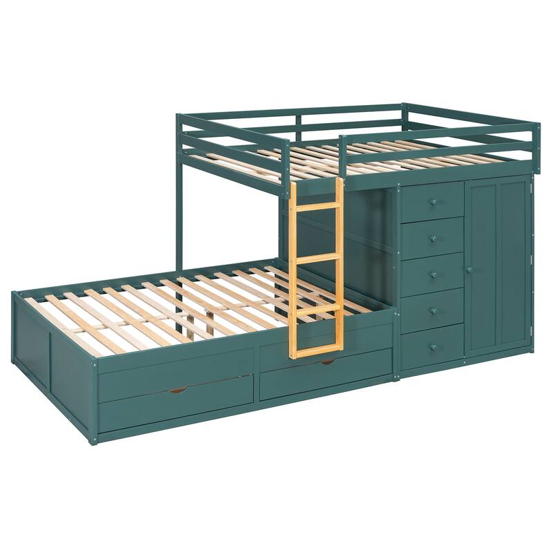 Kids Bed Frame Full Over Full Bunk Bed with Drawers and Wardrobe
