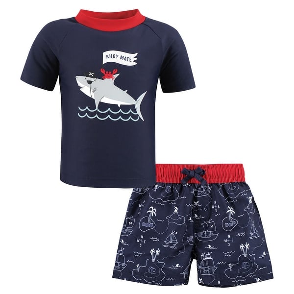 slide 1 of 1, Hudson Baby Boys Swim Rashguard Set, Ahoy Mate Shark 12-18 Months - Ahoy Mate Shark